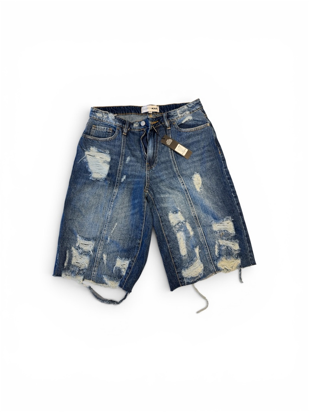 Fashion Nova Distressed Dark Blue Denim Bermuda Shorts